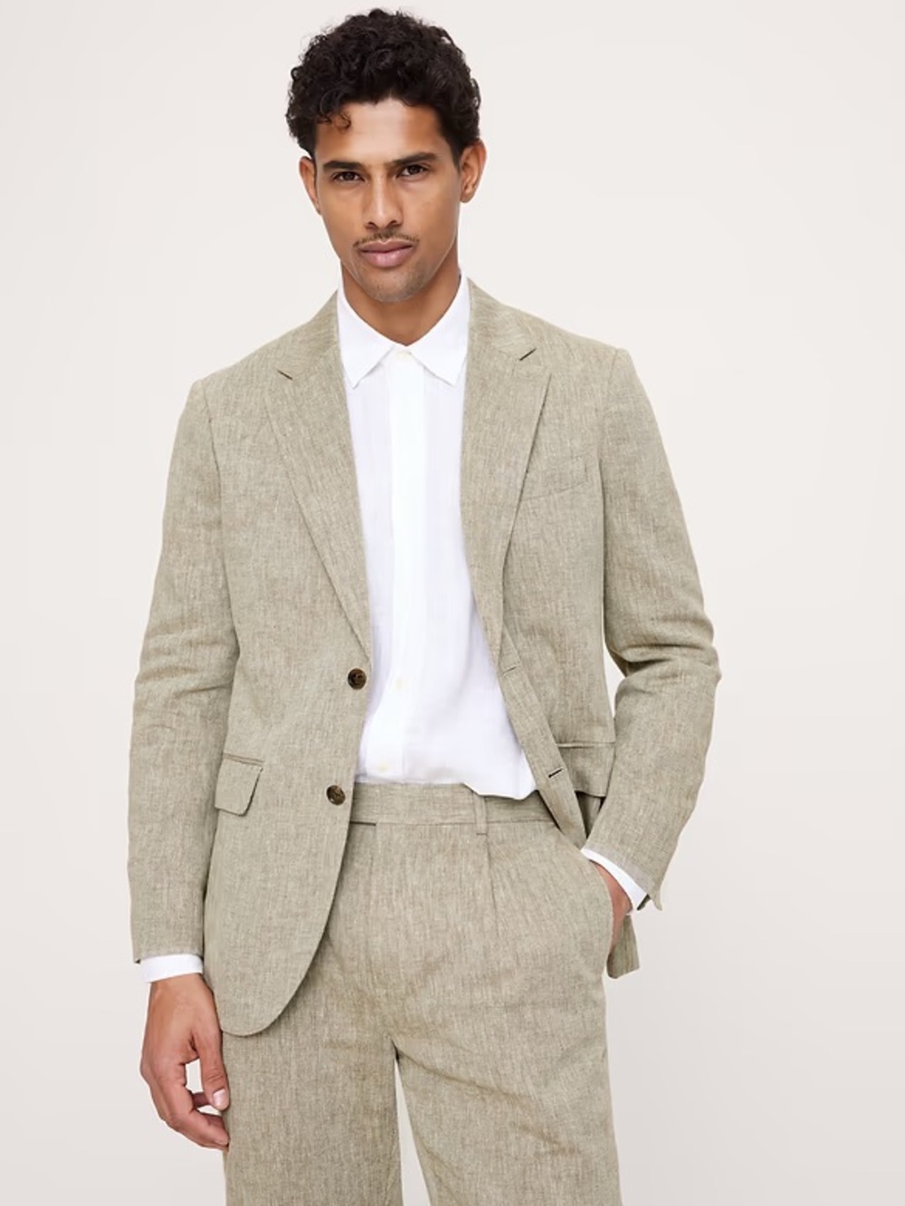 TAILORED SLIM-FIT GREEN LINEN-COTTON SUIT JACKET
